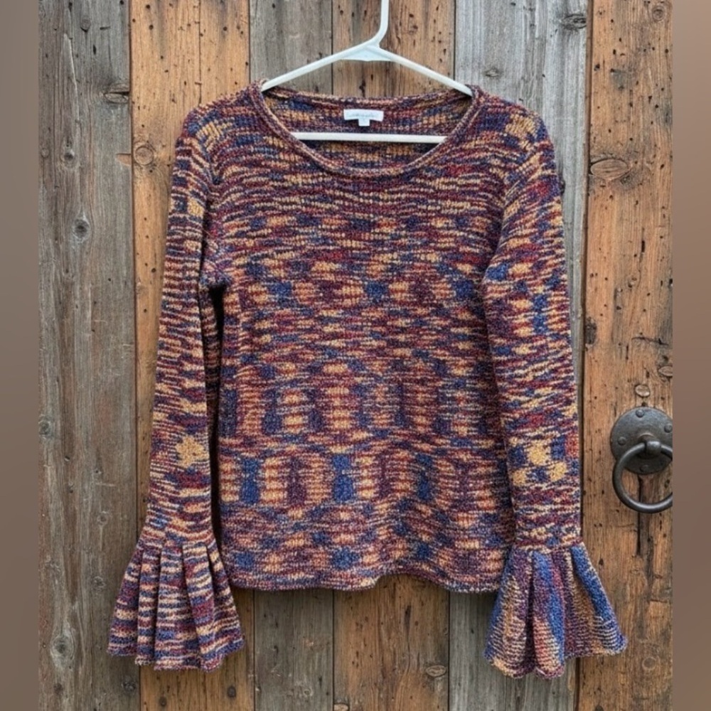 White Birch Colorful Knit Bell Sleeve Boho Hippie Chic Sweater Size Medium